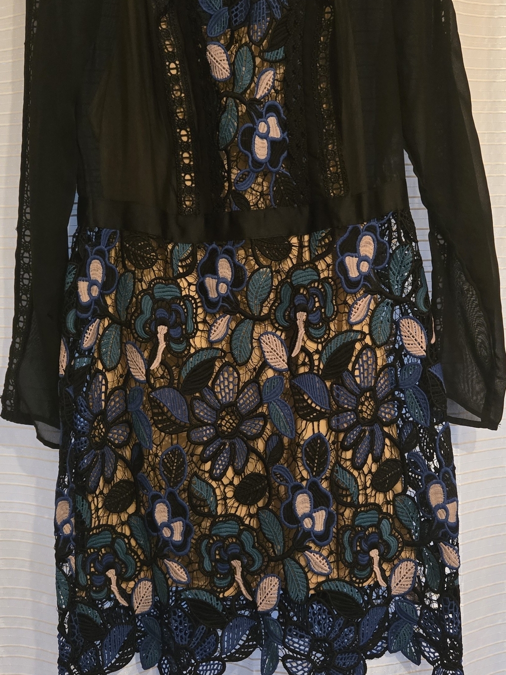 VENUS Black Lace Long-Sleeve Dress with Blue and Cream Floral Appliqué